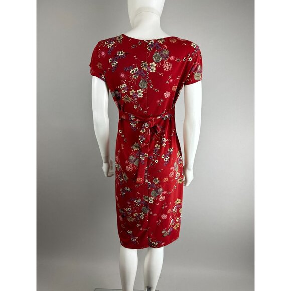 Vtg 90s Red Asian Inspired Floral V Neck A Line Dress Whimsygoth Size 11/12 - Picture 4 of 7
